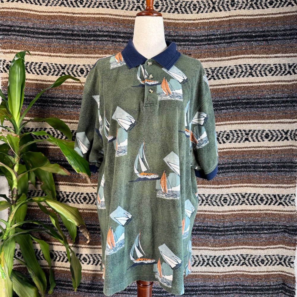 Crossings Mens Sailboat Print Polo Shirt Green Nautical Short Sleeve XL Vintage